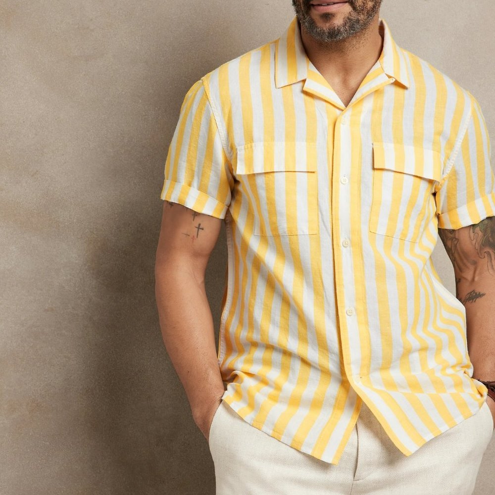 Banana Republic Yellow Stripe Linen/Cotton Resort Shirt